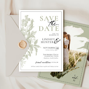 Elegant Sage Green Vintage Floral Photo Wedding Save The Date