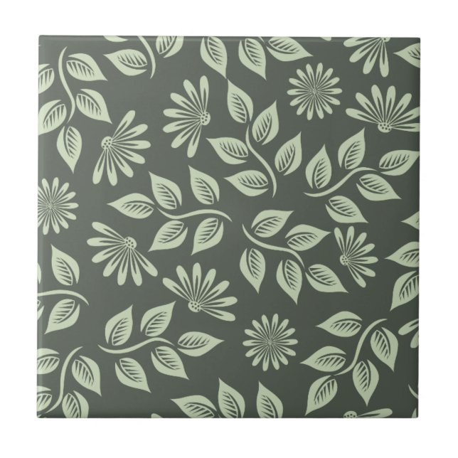 Elegant Sage Green Vintage Floral Tile (Front)