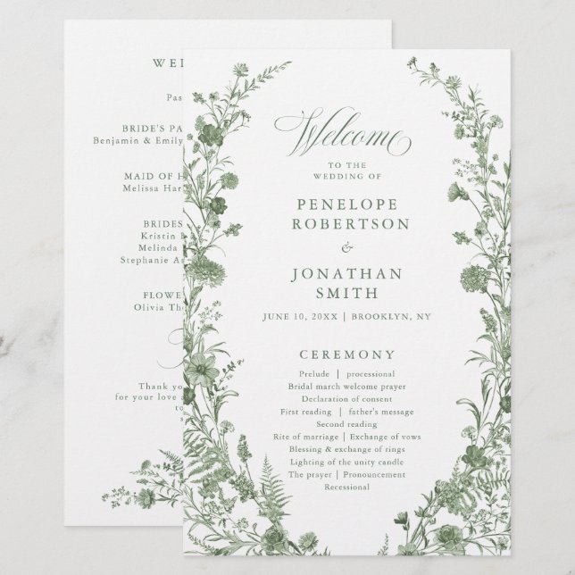 Elegant Sage Green Vintage Floral Wedding Program (Front/Back)
