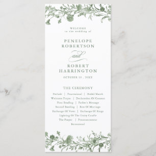 Elegant Sage Green Vintage Foliage Floral Wedding Program