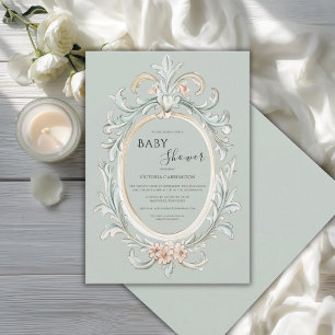 Elegant Sage Green Vintage Frame Baby Shower Invitation