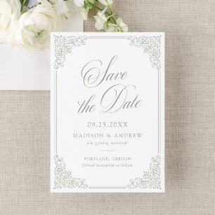 Elegant Sage Green Vintage Ornate Frame Wedding Save The Date