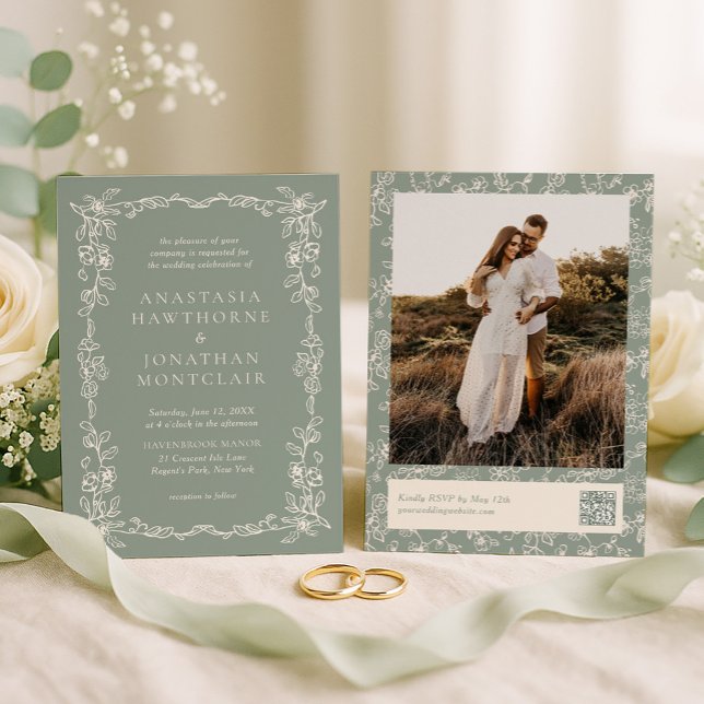 Elegant Sage Green Vintage Photo Wedding Invitation (Creator Uploaded)