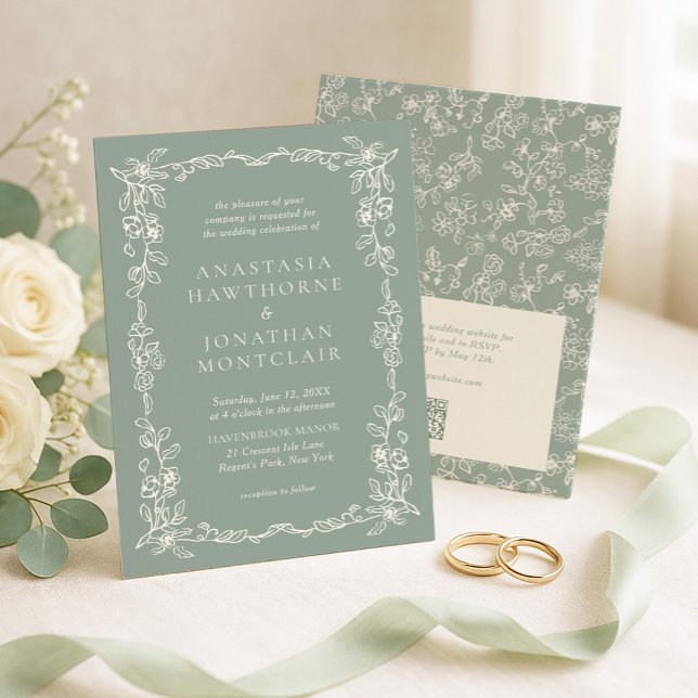 Elegant Sage Green Vintage Qr Code Wedding Invitation (Creator Uploaded)