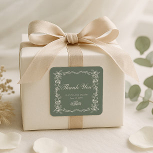Elegant Sage Green Vintage Wedding Thank You Favor Square Sticker
