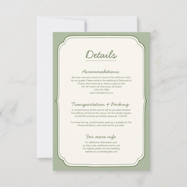 Elegant Sage Green Wedding Details Card  (Front)