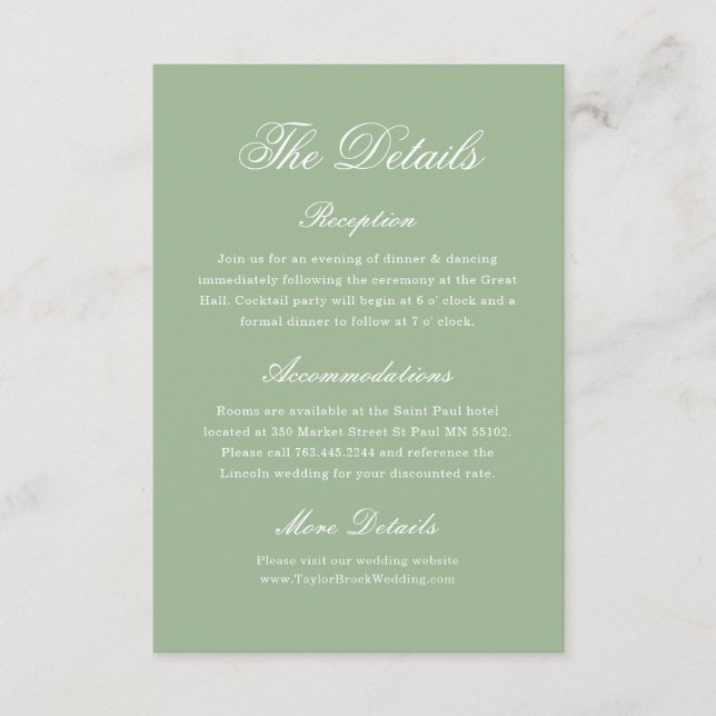 Elegant Sage Green Wedding Details Tradition Enclosure Card (Front)