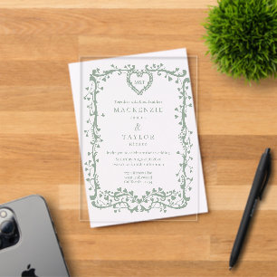 Elegant Sage Green Wedding French Frame Heart Acrylic Invitations