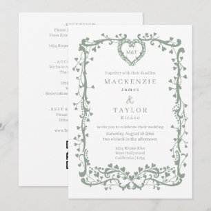 Elegant Sage Green Wedding French Frame Heart Invitation