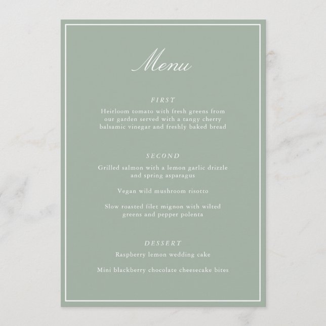Elegant Sage Green Wedding Menu Script Calligraphy (Front)