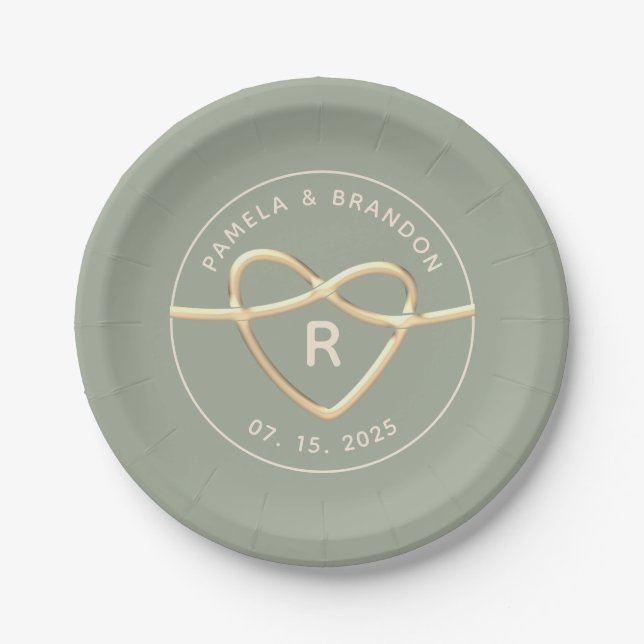 Elegant Sage Green Wedding Monogram Paper Plate (Front)