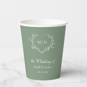 Elegant Sage Green Wedding Monogram Wreath Paper Cups