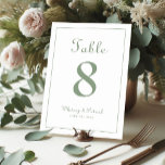 Elegant Sage Green Wedding Reception Formal Dinner Table Number<br><div class="desc">Wedding Table Number tabletop decor event party sign design features a classic elegance with contemporary chic sage green on a classic white background. Personalize wedding table design with your name, wedding date and table number in trendy lettering and script. The back of the card is a duplicate of the front....</div>
