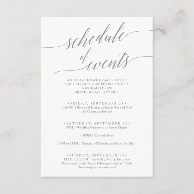 Elegant Sage Green Wedding Schedule of Events Enclosure Card (Front)