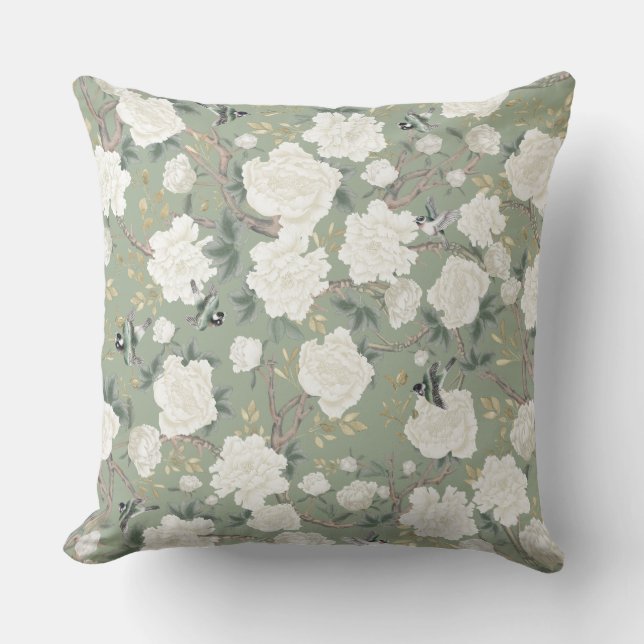 Elegant Sage Green White Chinoiserie Flowers Birds Throw Pillow (Front)