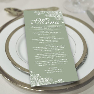 Elegant Sage Green & White Frilly Corners Wedding Menu