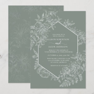 Elegant Sage Green White Geometric Floral Wedding Invitation