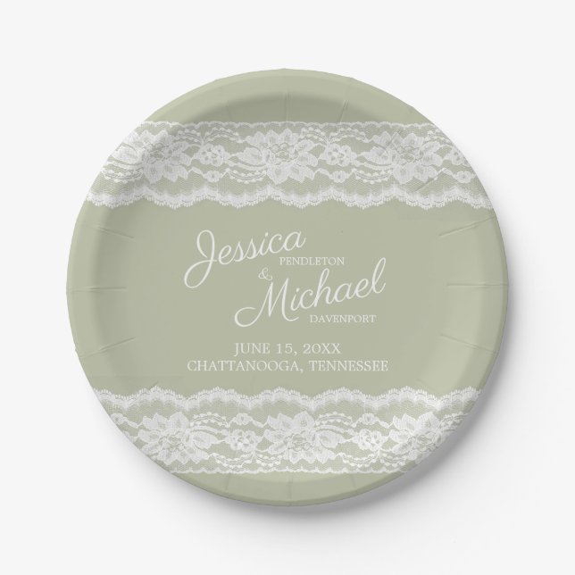 Elegant Sage Green White Lace Wedding Paper Plate (Front)
