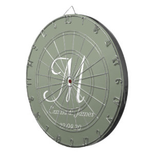 Elegant Sage Green & White Monogram Initial Name Dartboard