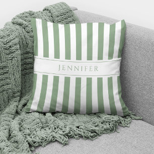 Elegant Sage Green & White Stripes Pattern Name Throw Pillow