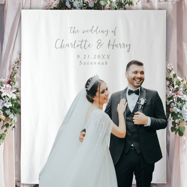 Elegant Sage Green & White Wedding Photo Backdrop Tapestry (Creator Uploaded)