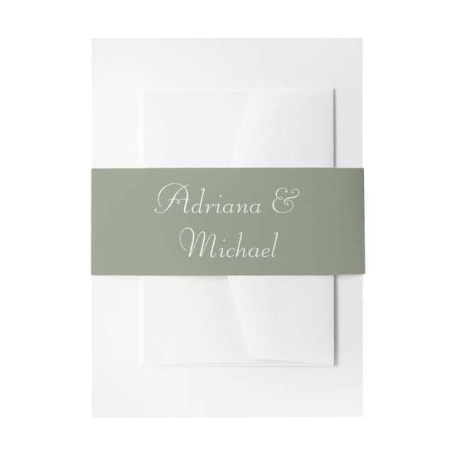 Elegant Sage Green White Wedding Script  Invitation Belly Band (Front Example)