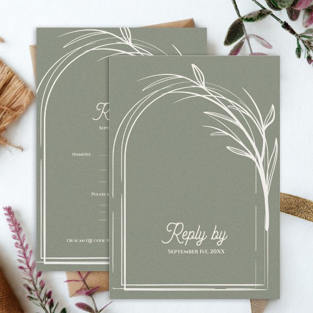 Elegant Sage Green With QR Code Wedding Reply By RSVP Card (Sage Green Minimalist Arch Botanical Wedding RSVP Card with QR Code | Modern Wedding Reply Card)