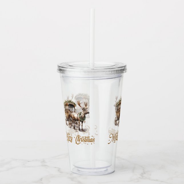 Elegant sage green wreath faux gold Reindeer Acrylic Tumbler (Front)