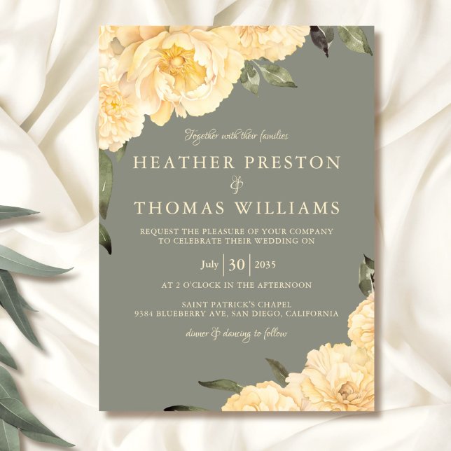 Elegant Sage Green Yellow Peonies Floral Wedding Invitation (Creator Uploaded)