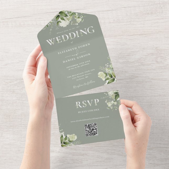 Elegant Sage Greenery Floral QR Code Wedding All In One Invitation (Tearaway)