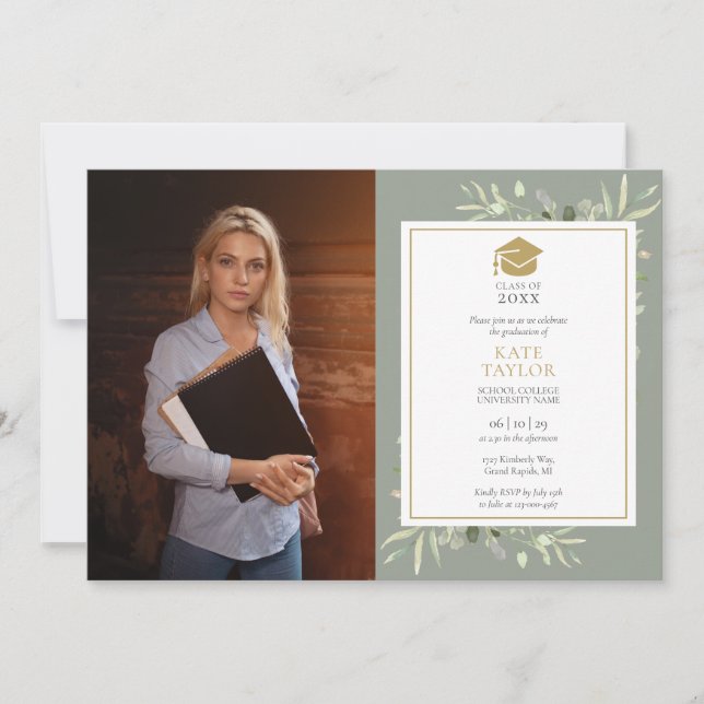 Elegant Sage Greenery Gold Graduation Party Photo  Invitation (Front)