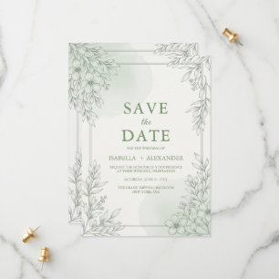 Elegant Sage Greenery Line Art Floral Save the  Date