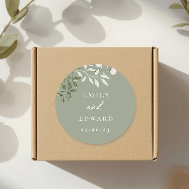 Elegant Sage Greenery Wedding Envelope Classic Round Sticker (Creator Uploaded)