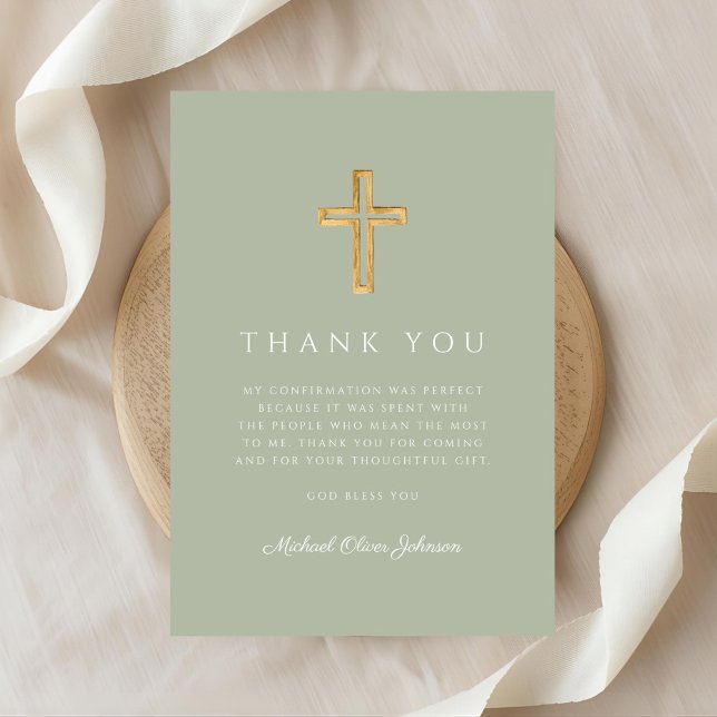 Elegant Sage Grenn Religious Cross Confirmation Thank You Card (Elegant Sage Grenn Religious Cross Confirmation Thank You Card)
