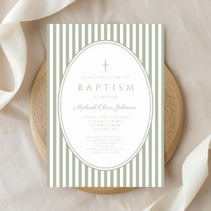 Elegant Sage Grenn Striped Boy Baptism Invitation