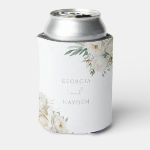 Elegant Sage Leaf & White Floral Wedding Can Cooler