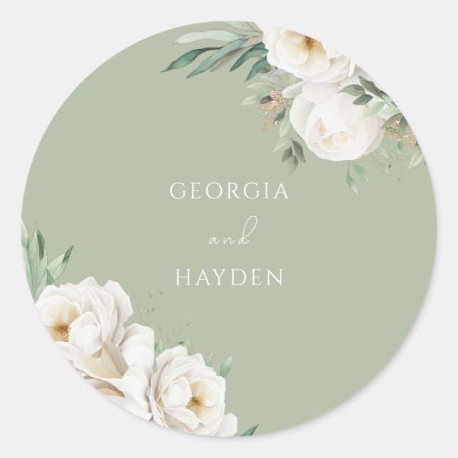 Elegant Sage Leaf & White Floral Wedding Classic Round Sticker (Front)