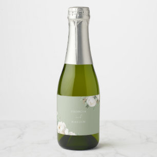 Elegant Sage Leaf & White Floral Wedding Sparkling Wine Label