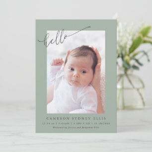 Elegant Sage Minimalist Hello Baby Photo Birth  Announcement