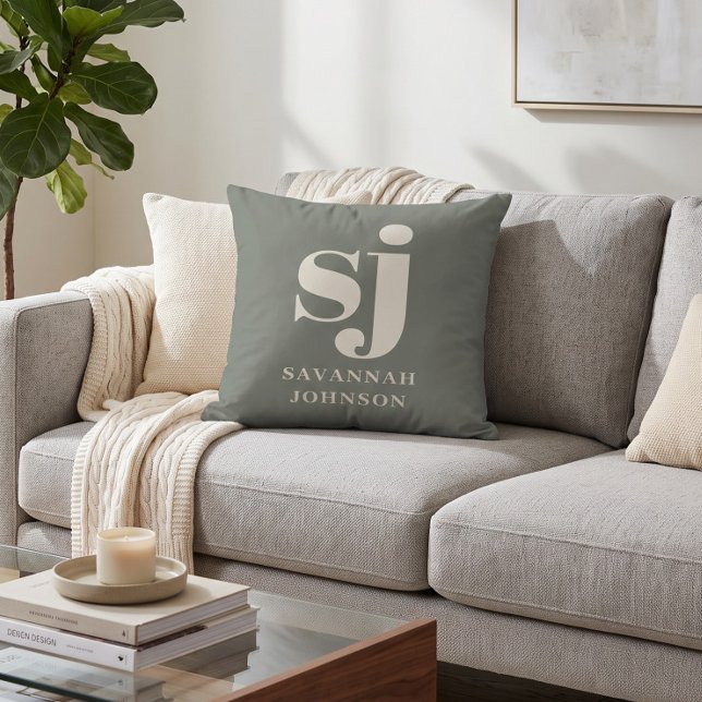 Elegant sage monogram initials  throw pillow (Creator Uploaded)