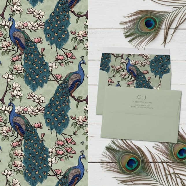 Elegant Sage Monogrammed Peacock Return Address Envelope (Elegant Floral Peacock Chinoiserie Sage Green Pattern. Pretty Blue Teal Peacocks & Magnolia Flowers)