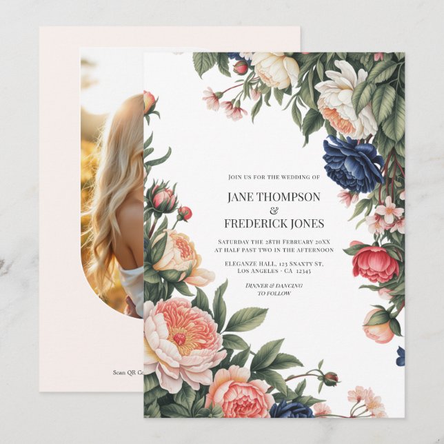 Elegant Sage, Navy & Peach Floral Wedding QR Code Invitation (Front/Back)