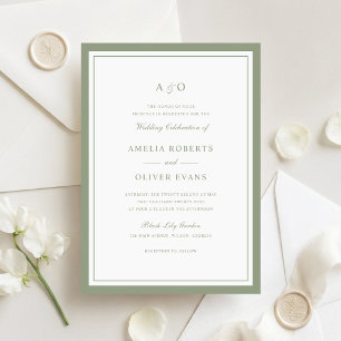 Elegant Sage Olive Green Border Frame Wedding Invitation