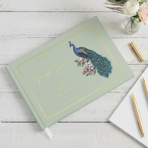 Elegant Sage Peacock Photo Wedding Guest Book