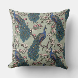 Elegant Sage Peacocks, Magnolia Flowers, Branches Throw Pillow