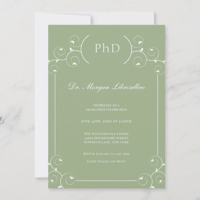 Elegant Sage PhD Graduation Invitation (Front)