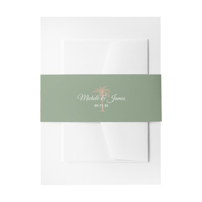 Elegant Sage Rose Gold Palm Tree Beach Wedding Invitation Belly Band (Front Example)