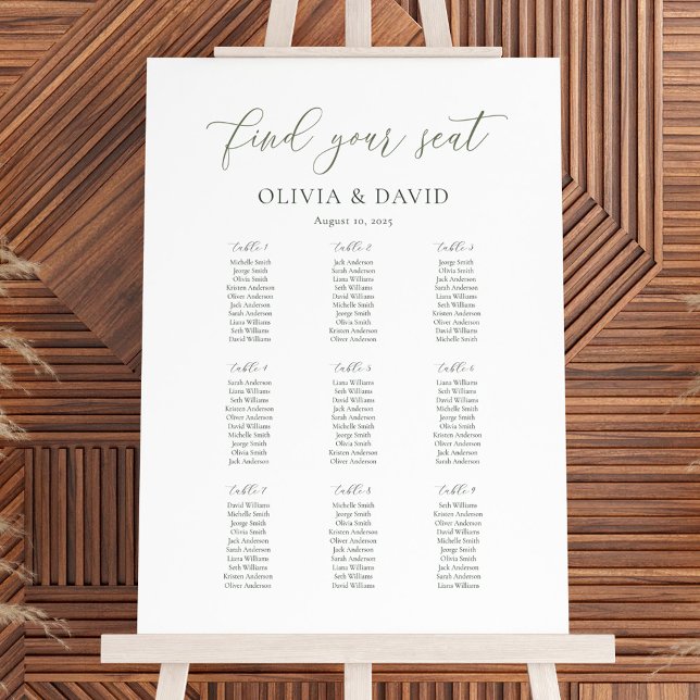 Elegant Sage Script Colour 9 table Seating Chart (Creator Uploaded)
