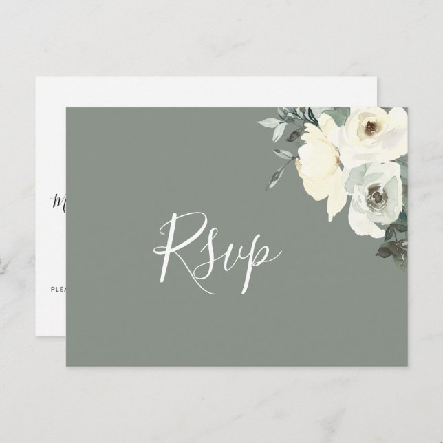 Elegant Sage Script RSVP Postcard with Meal Choice (Front/Back)