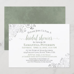 Elegant Sage & Silver Lace White Bridal Shower Invitation
